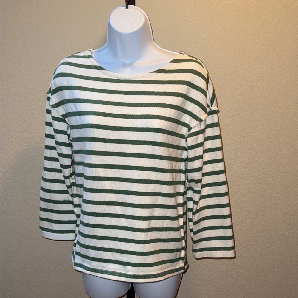 Madewell Green Falon Striped Raw Edge Cotton Luxe Tee Sweater Women’s Size XXS